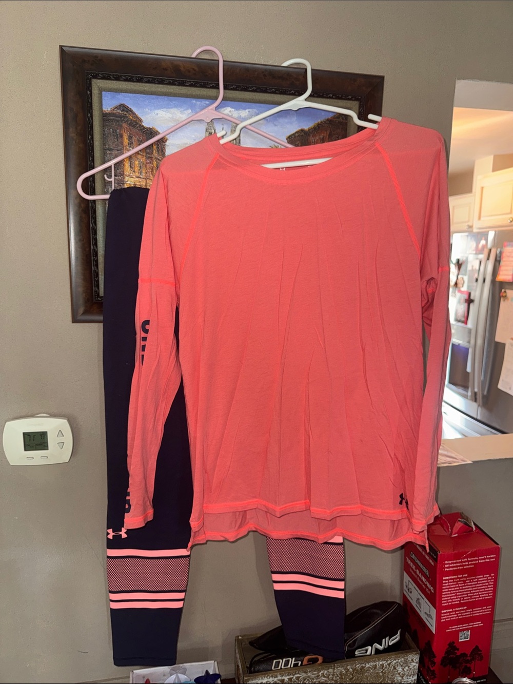 Under Armour Coral Long-Sleeve Top with Navy Leggings Set